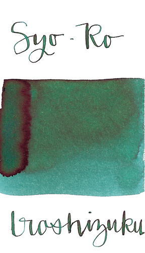 Pilot Iroshizuku Syo-Ro, aka Dew on Pine Tree, is a dark teal fountain pen ink with some shading and sheen. 