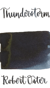 Robert Oster Thunderstorm is a dark blue black fountain pen ink with medium shading and low bronze sheen.