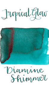 Diamine Tropical Glow from the 2015 Shimmertastic collection is a medium turquoise fountain pen ink with low shading, some red sheen, and silver shimmer.