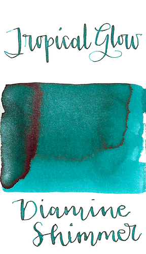 Diamine Tropical Glow from the 2015 Shimmertastic collection is a medium turquoise fountain pen ink with low shading, some red sheen, and silver shimmer.