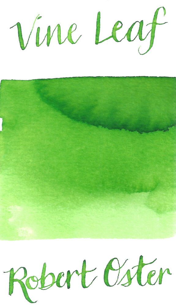 Robert Oster Vine Leaf is a bright spring green fountain pen ink with medium shading.