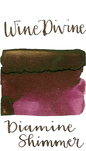 Diamine Wine Divine from the 2017 Shimmertastic collection is a dark burgundy red fountain pen ink with medium shading, low green sheen, and gold shimmer.
