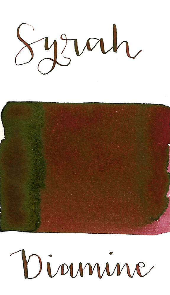 Diamine Syrah is a dark burgundy red fountain pen ink with low shading and low green sheen.