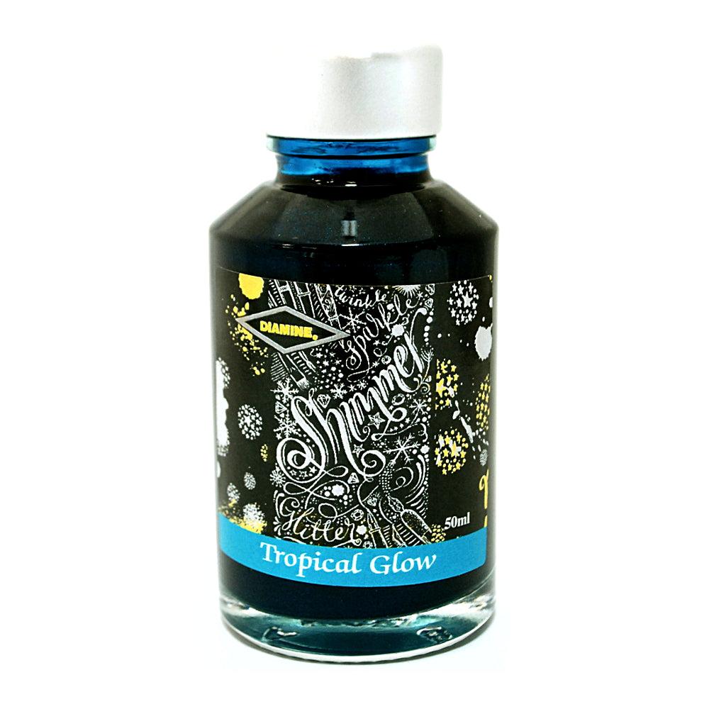 Diamine Shimmertastic Tropical Glow fountain pen ink is available in a 50ml glass bottle.
