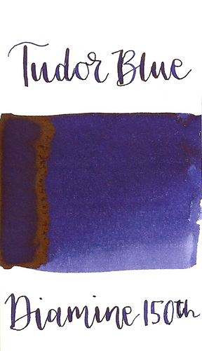 Diamine Tudor Blue is a dark blue fountain pen ink with medium shading.