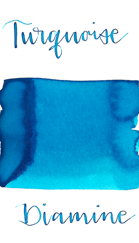 Diamine Turquoise is a bright summer turquoise-blue fountain pen ink with low shading and a pop of copper sheen in large swabs.