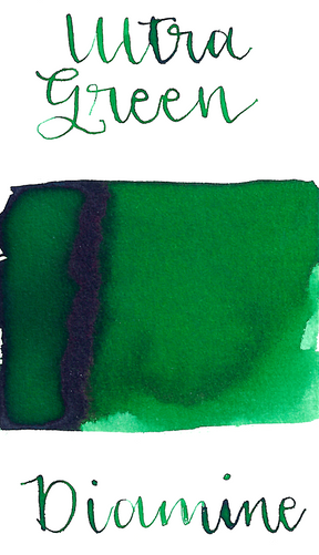Diamine Ultra Green is a dark green fountain pen ink with medium shading.
