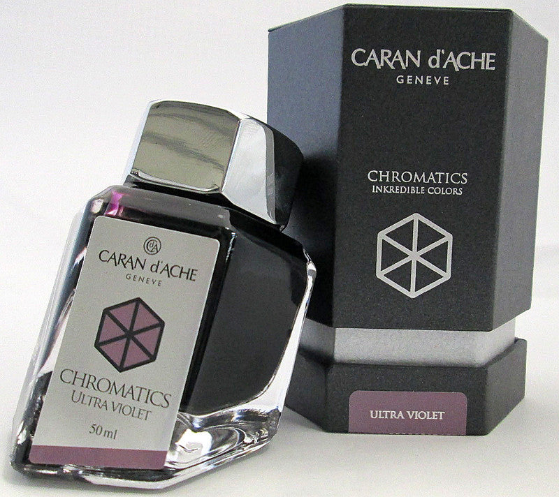 Violet fountain pen ink from Caran d'Ache, made in Switzerland.  Not waterproof Available in 50ml bottle, 6-pack of standard international cartridges, or 4ml sample