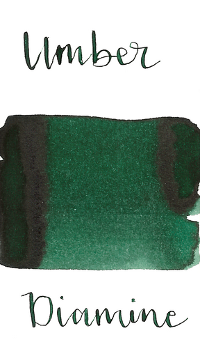 Diamine Green Umber is a dark green fountain pen ink with low shading.