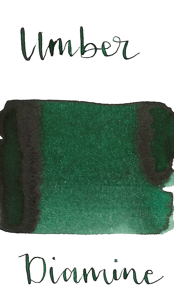 Diamine Green Umber is a dark green fountain pen ink with low shading.