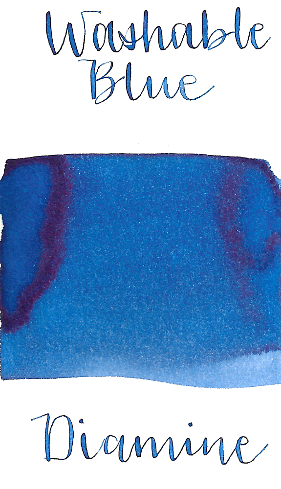 Diamine Washable Blue is a medium soft blue fountain pen ink with low shading and a pop of pink sheen in large swabs.