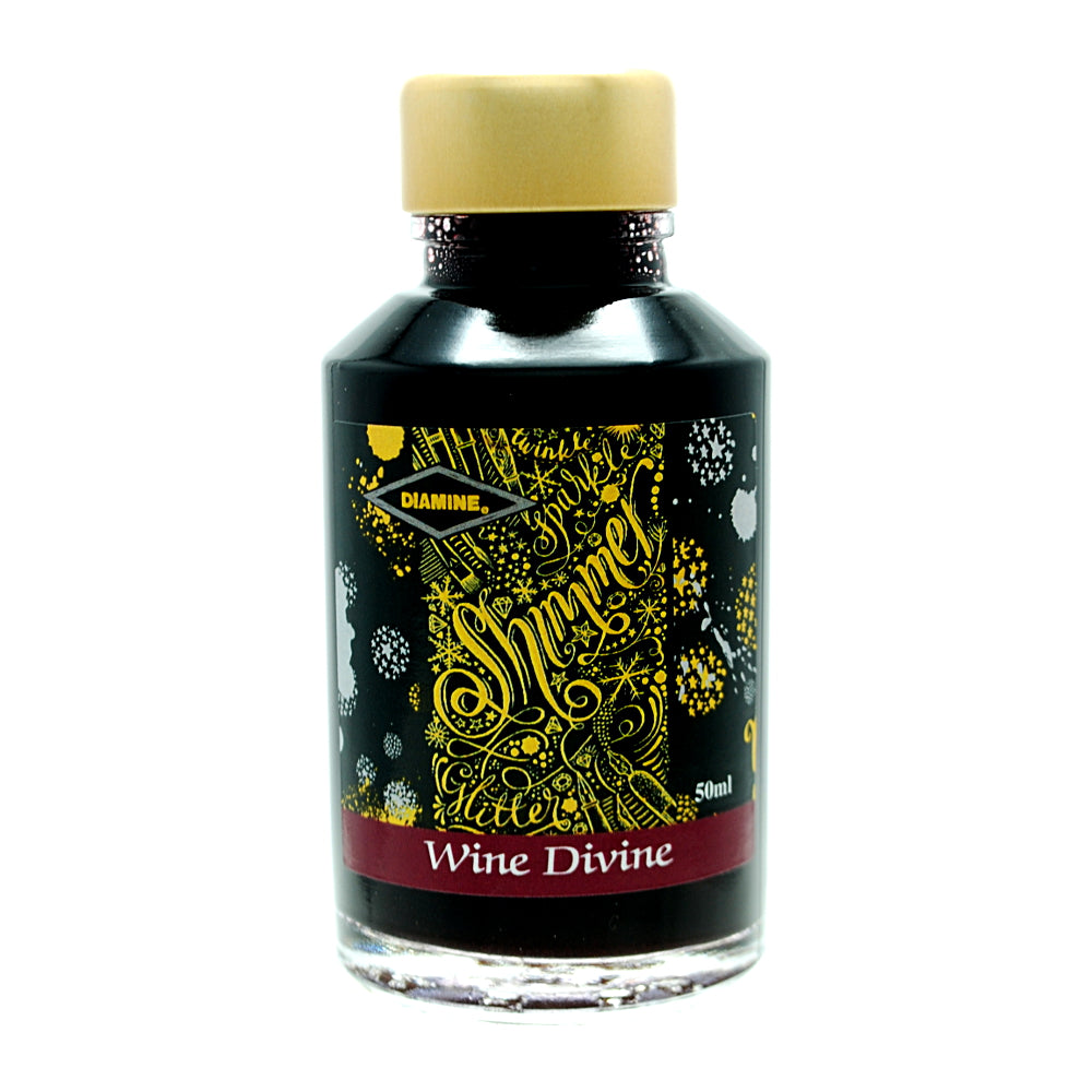Diamine Shimmertastic Wine Divine fountain pen ink is available in a 50ml glass bottle.