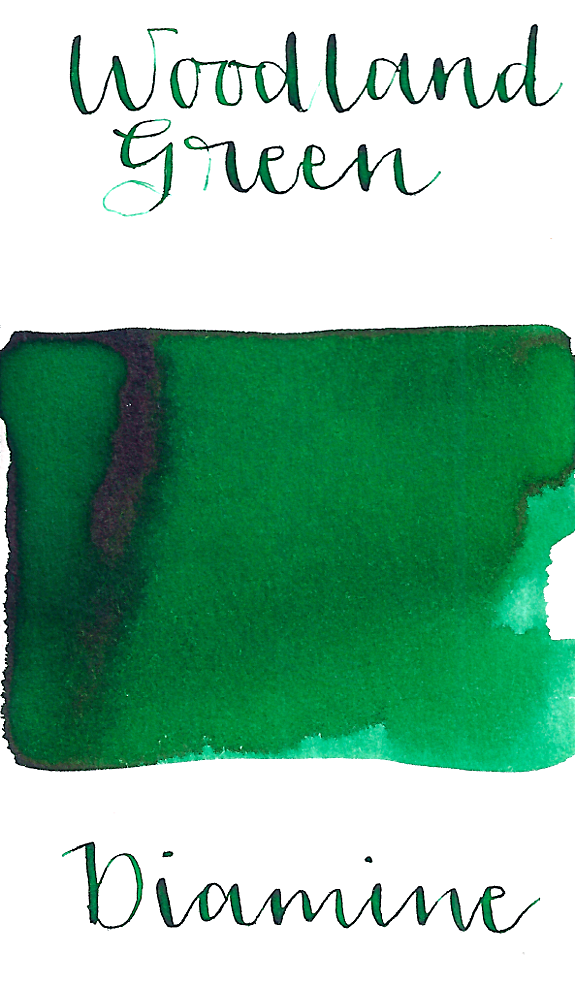Diamine Woodland Green is a bright medium green fountain pen ink with medium shading and a pop of red sheen in large swabs.