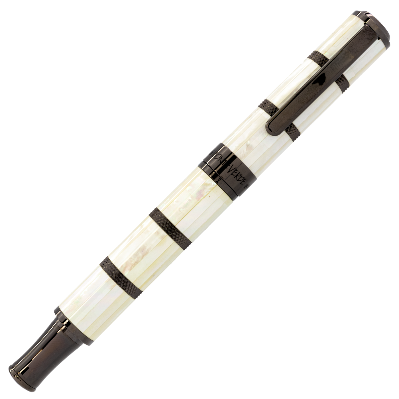 The Monteverde Regatta Mother of Pearl features two colors of bands white Mother of Pearl  with gunmetal trim