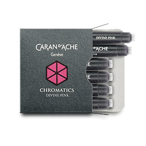 Pink fountain pen ink from Caran d'Ache, made in Switzerland.  Not waterproof Available in 50ml bottle, 6-pack of standard international cartridges, or 4ml sample