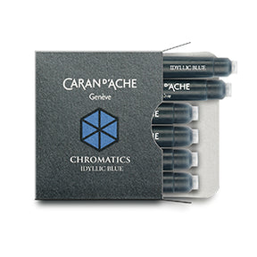Blue fountain pen ink from Caran d'Ache, made in Switzerland.  Not waterproof Available in 50ml bottle, 6-pack of standard international cartridges, or 4ml sample