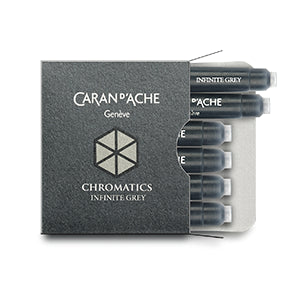 Grey fountain pen ink from Caran d'Ache, made in Switzerland.  Not waterproof Available in 50ml bottle, 6-pack of standard international cartridges, or 4ml sample