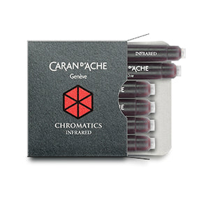 Red fountain pen ink from Caran d'Ache, made in Switzerland.  Not waterproof Available in 50ml bottle, 6-pack of standard international cartridges, or 4ml sample