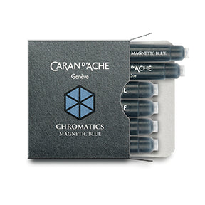 Blue-Black fountain pen ink from Caran d'Ache, made in Switzerland.  Not waterproof Available in 50ml bottle, 6-pack of standard international cartridges, or 4ml sample