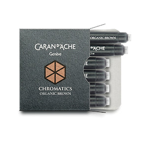 Brown fountain pen ink from Caran d'Ache, made in Switzerland.  Not waterproof Available in 50ml bottle, 6-pack of standard international cartridges, or 4ml sample