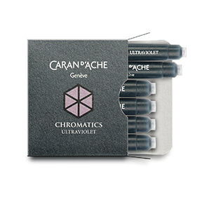 Violet fountain pen ink from Caran d'Ache, made in Switzerland.  Not waterproof Available in 50ml bottle, 6-pack of standard international cartridges, or 4ml sample
