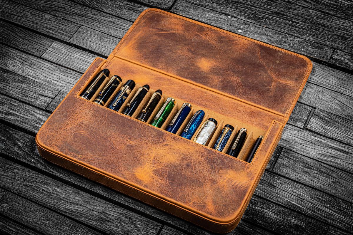 Galen Leather Co. Magnum Opus 12 Slot Hard Magnetic Pen Case- Crazy Horse Brown