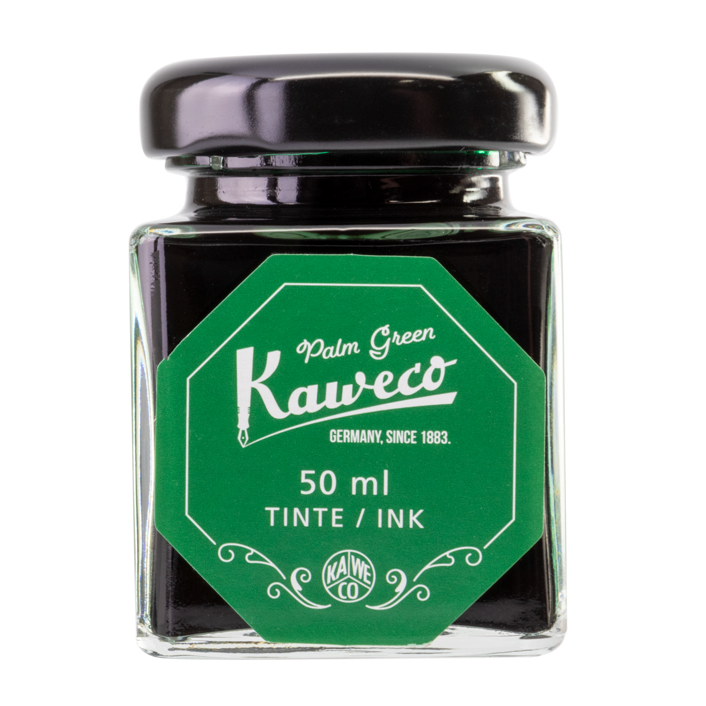 Kaweco Palm Green is a summery green fountain pen ink with medium shading and low red sheen. It dries in a quick 10 seconds in a medium nib on Rhodia and has a dry flow. Kaweco ink is made in Germany.