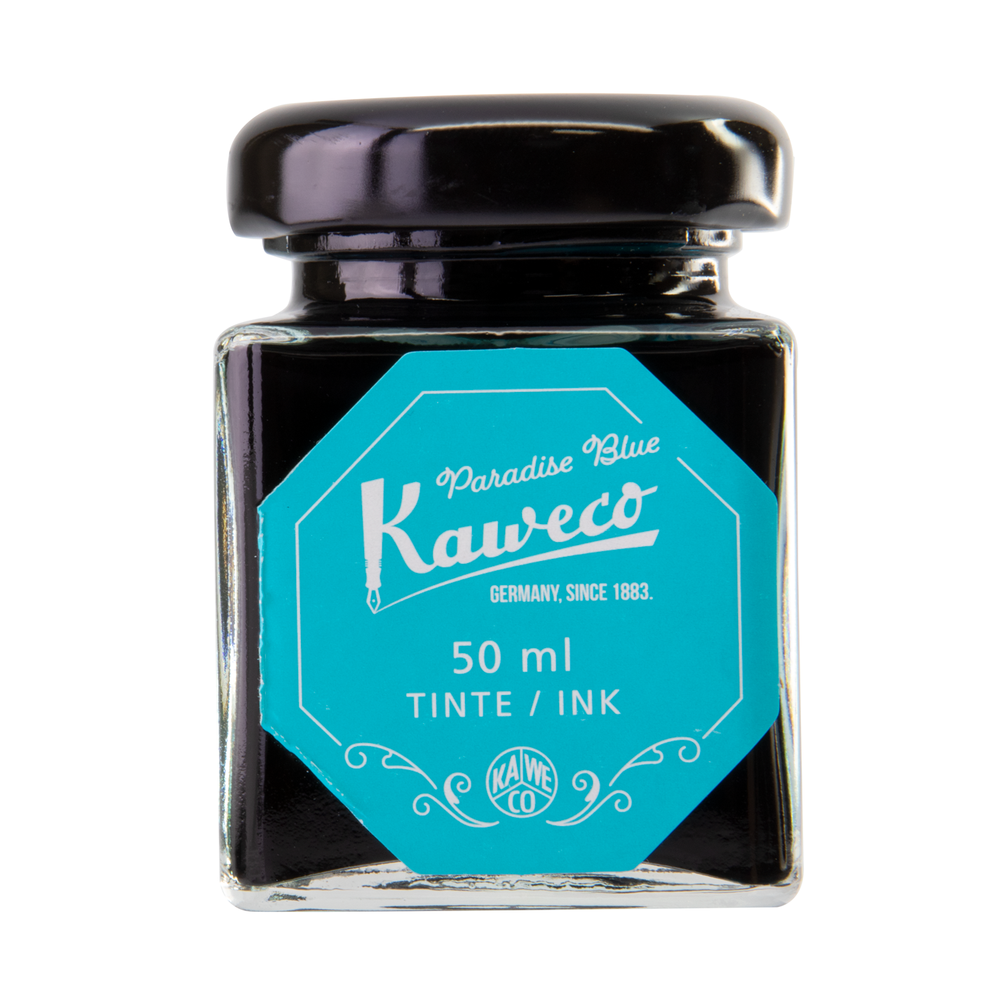 Kaweco Paradise Blue is a light summery turquoise fountain pen ink with medium shading. It dries in 40 seconds in a medium nib on Rhodia and has an average flow. Kaweco ink is made in Germany.