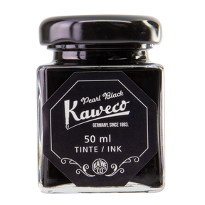 Kaweco Pearl Black is a classic cool black fountain pen ink with low black sheen. It dries in 20 seconds in a medium nib on Rhodia and has an average flow. Kaweco ink is made in Germany