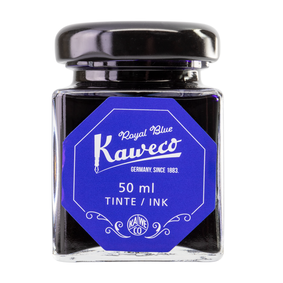 Kaweco Royal Blue is a medium royal blue fountain pen ink with medium shading and high copper sheen. It dries in 20 seconds in a medium nib on Rhodia and has an average flow. Kaweco ink is made in Germany.