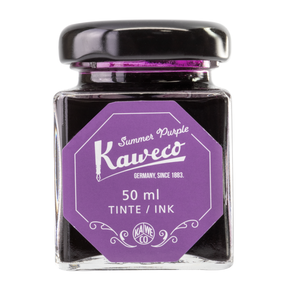 Kaweco Summer Purple is a medium purple fountain pen ink with low shading and a pop of gold sheen in large swabs. It dries in a quick 10 seconds in a medium nib on Rhodia and has an average flow. Kaweco ink is made in Germany.
